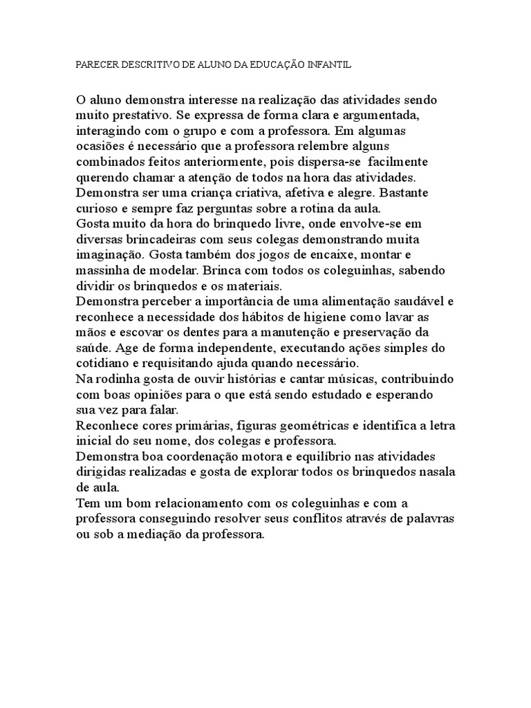 Parecer Descritivo de Aluno na Educação Infantil | PDF | Bem-estar