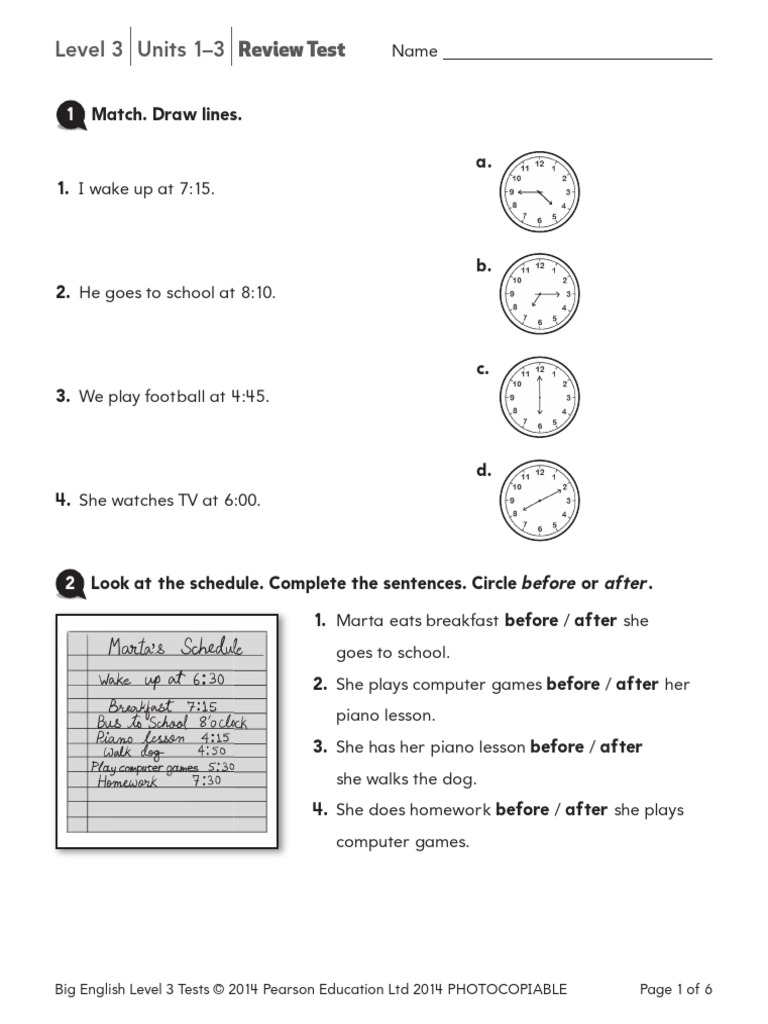 Longman Pearson Big English Level3 Revision Test Units 1 2 3 | PDF