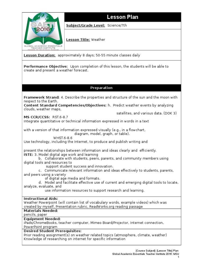 Lesson Plan | PDF | Weather Forecasting | Lesson Plan