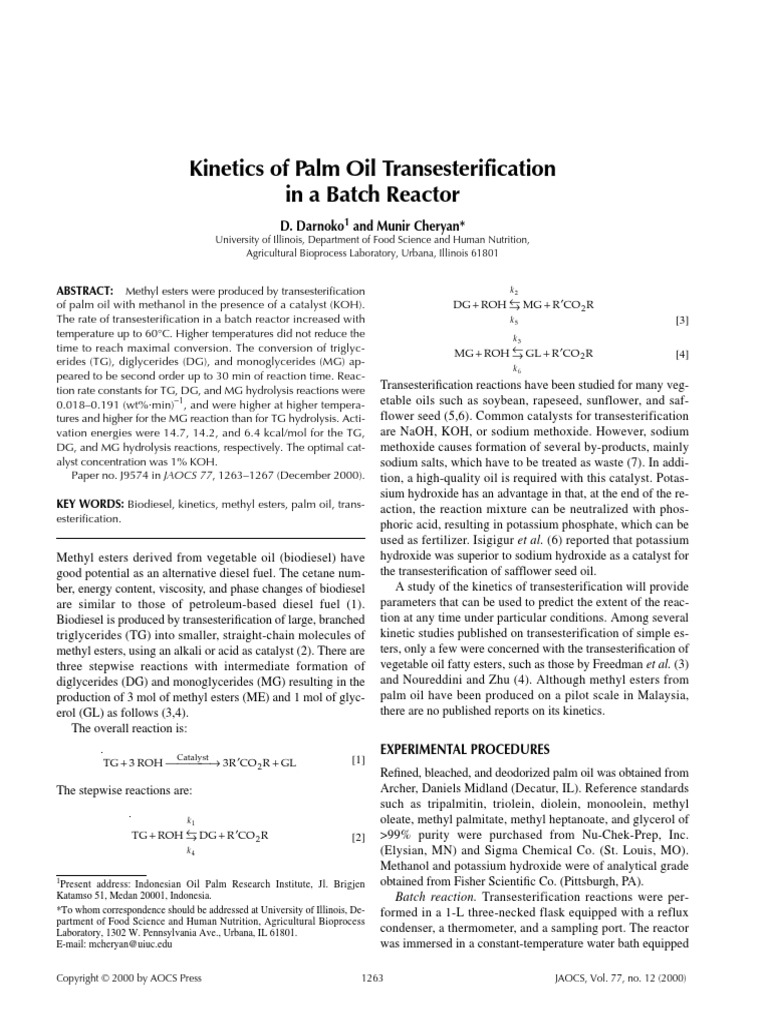 Kinetics of Palm Oil Transesterification in A Batch Reactor | PDF ...