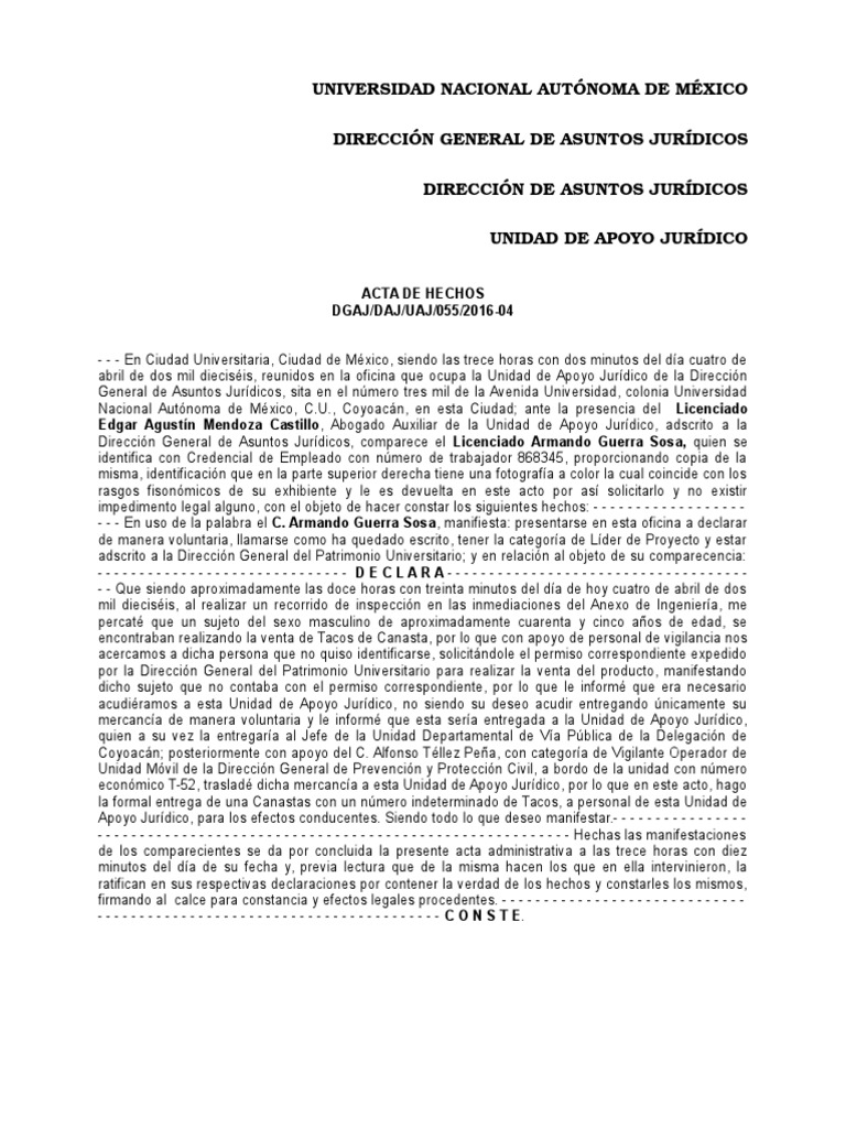 Acta de Hechos ejemplo.  Gobierno  Política