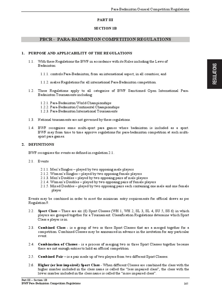 Part III Section 1B para Badminton Competition Regulations (PBCR