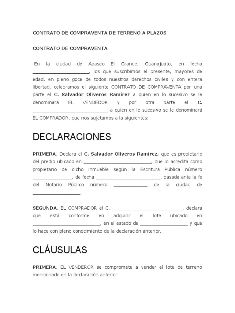 Contrato de Compraventa de Terreno a Plazos Pagaré Pagos