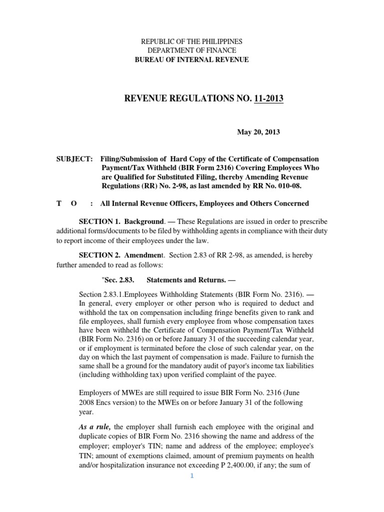 RR 11-2013 - BIR Form No. 2316 | PDF