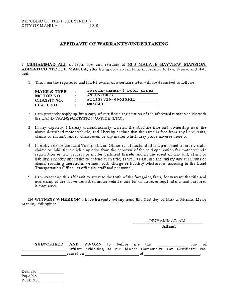 AffidavitOfWarranty MOHAMMAD ALI PDF Affidavit Civil Law Law)