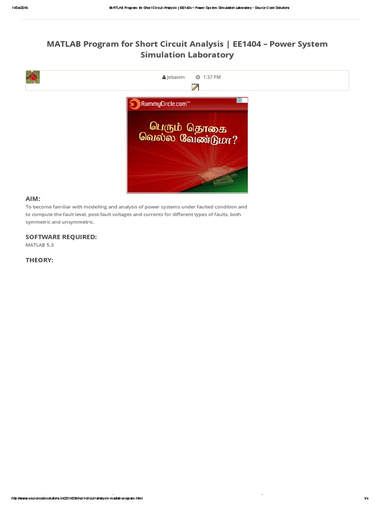 MATLAB Program For Short Circuit Analysis EE1404 Power System