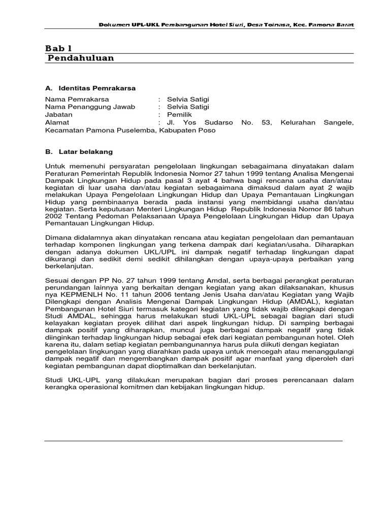 Dokumen Ukl Upl Pembangunan Hotel Cottage Siuri Documents Of Environmental Management And Monitoring Efforts In The Construction Of Hotel Cottage Siuri Poso Regency