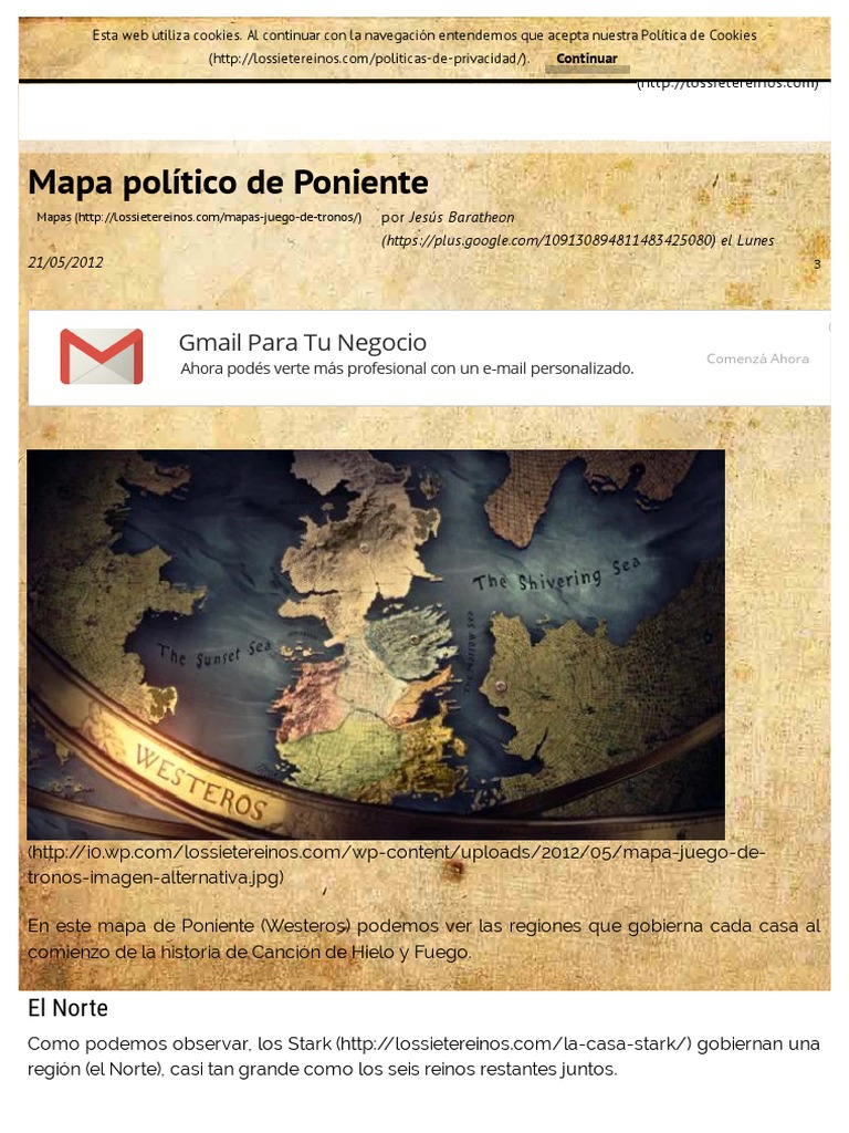Mapas de Juego de Tronos - Mapa Político de Poniente PDF | PDF | Mundo de  una canción de hielo y fuego | Naturaleza