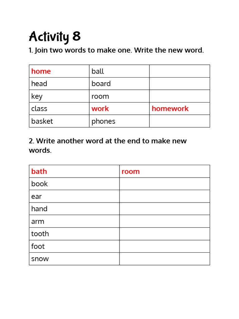 Activity 8 1 join two words to make one write the new word pdf