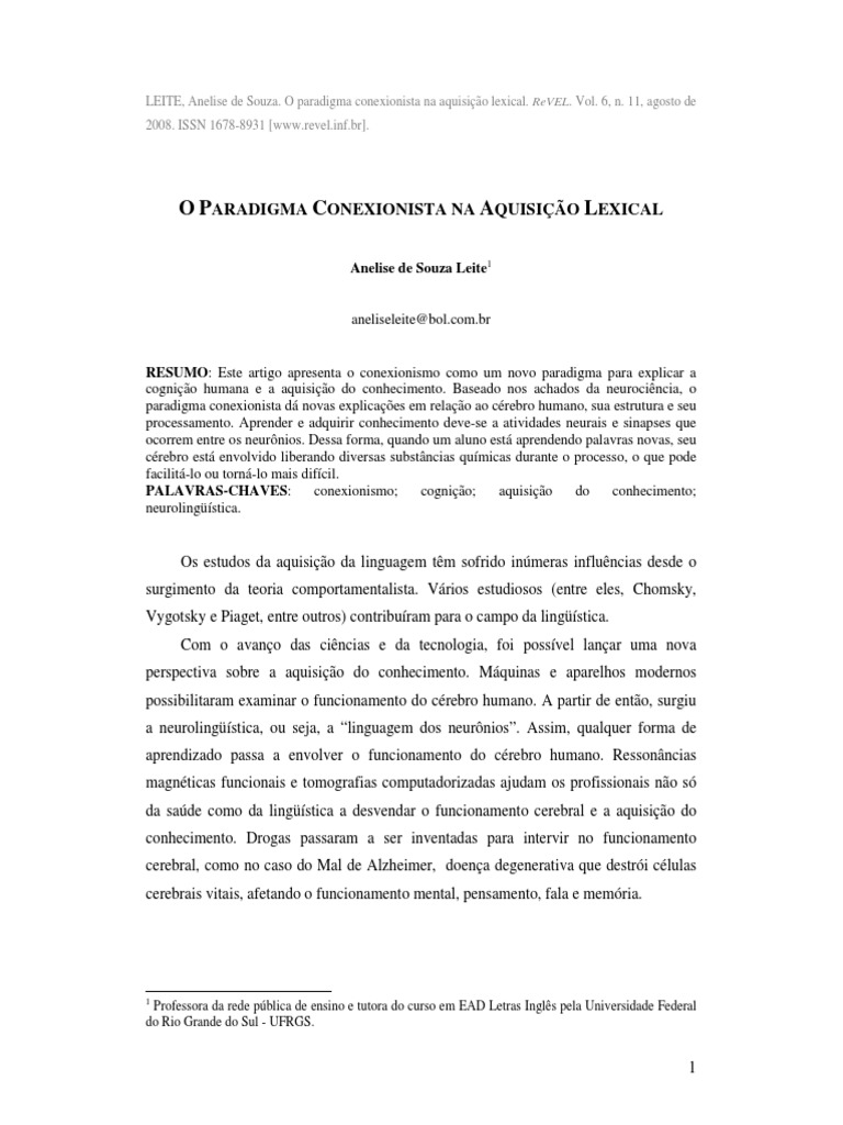 O Paradigma Conexionista Na Aquisição Lexical | PDF | Dendrito | Neurônio