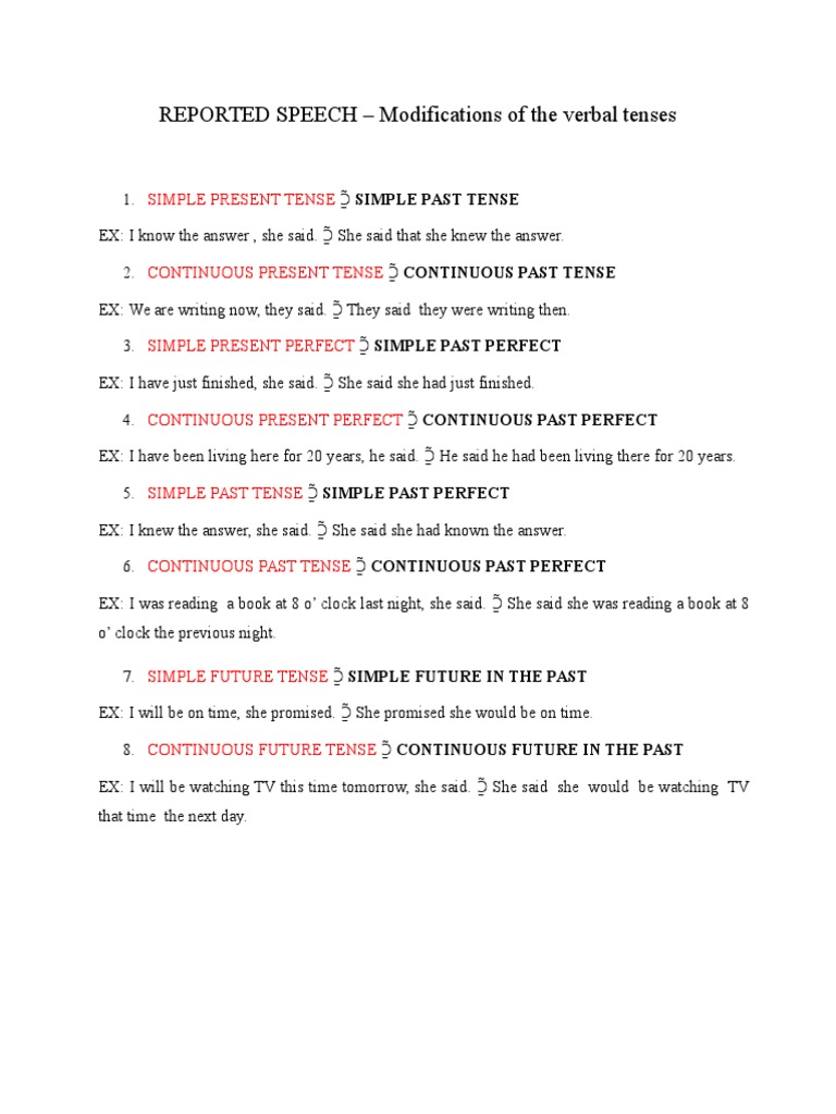 Reported Speech - Modifications of The Verbal Tenses | PDF