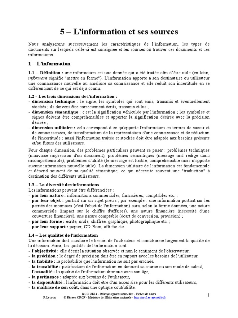 5 L'Information Et Ses Sources | PDF | Informations | Enregistrement