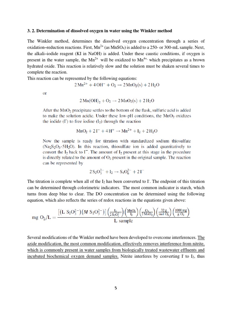 Dissolved Oxygen Determination by Winkler Method | PDF | Titration ...
