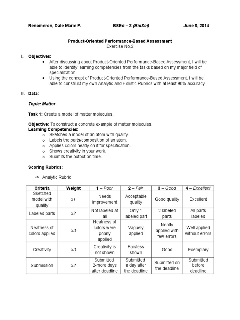 Assessing Student Learning Through Performance Tasks A Sample Product
