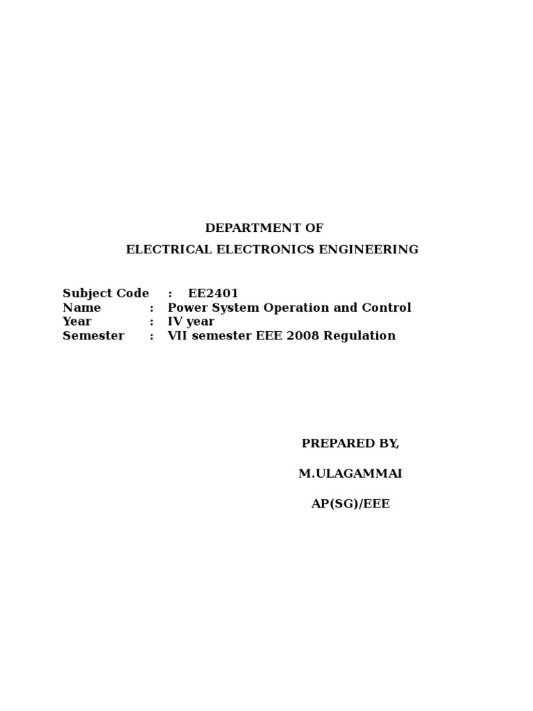 EE2401 Power System Operation and Control PDF Capacitor Transformer