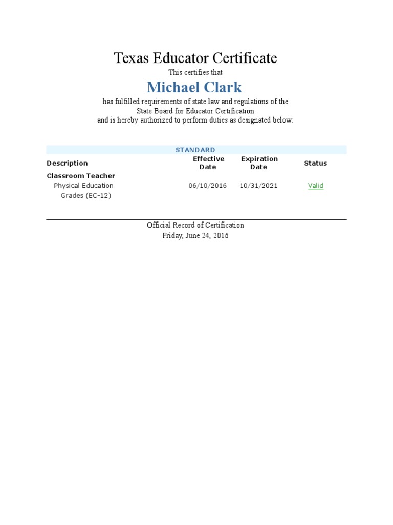 Texas Educator Certificate PDF