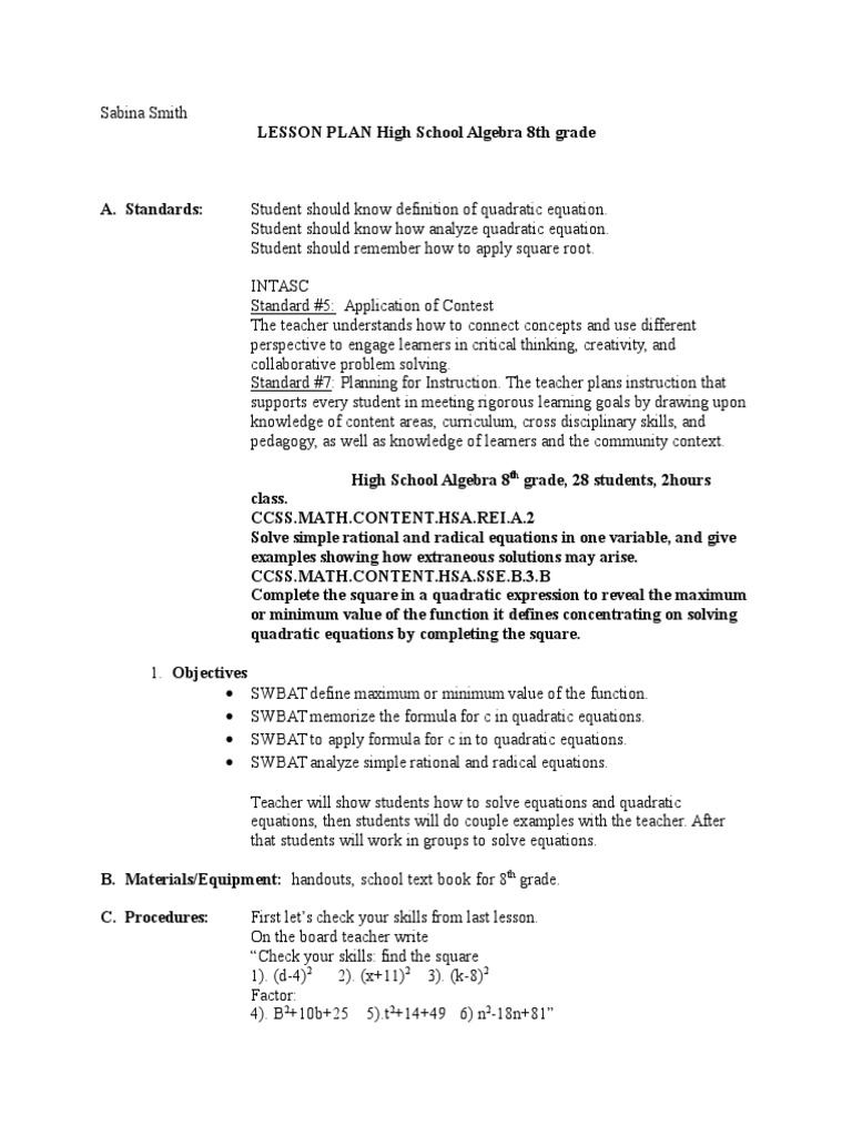 edu 202 lesson plan | Quadratic Equation | Equations