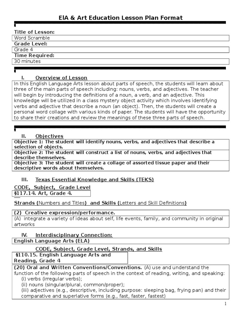 Parts of Speech Collage Lesson Plan | PDF | Part Of Speech | Adjective