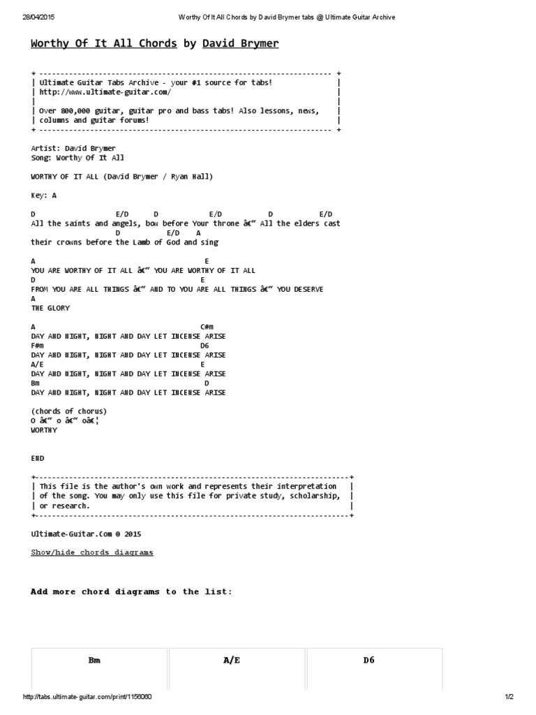 Worthy of it all chords by david brymer tabs at ultimate guitar archive