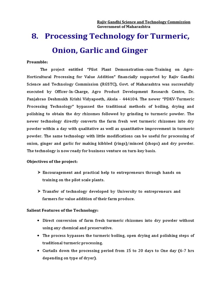 Processing Technology For Turmeric Onion Garlic and Ginger | PDF ...