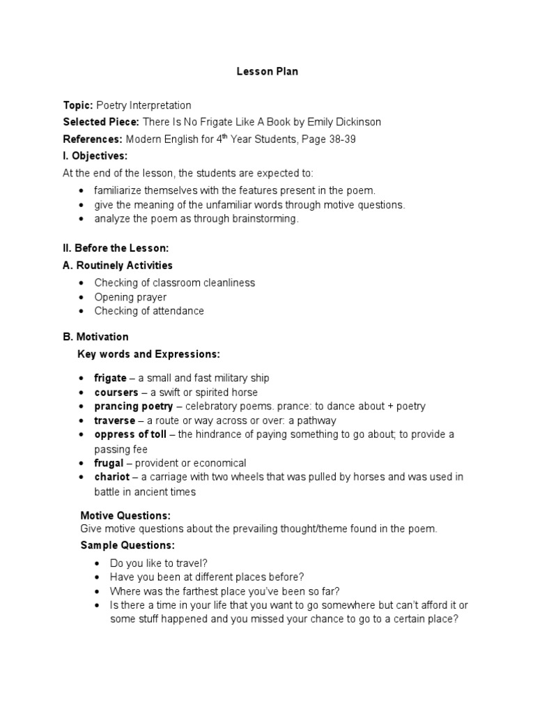 Lesson Plan There Is No Frigate Like A Book By Emily Dickinson Docx Poetry Cognition
