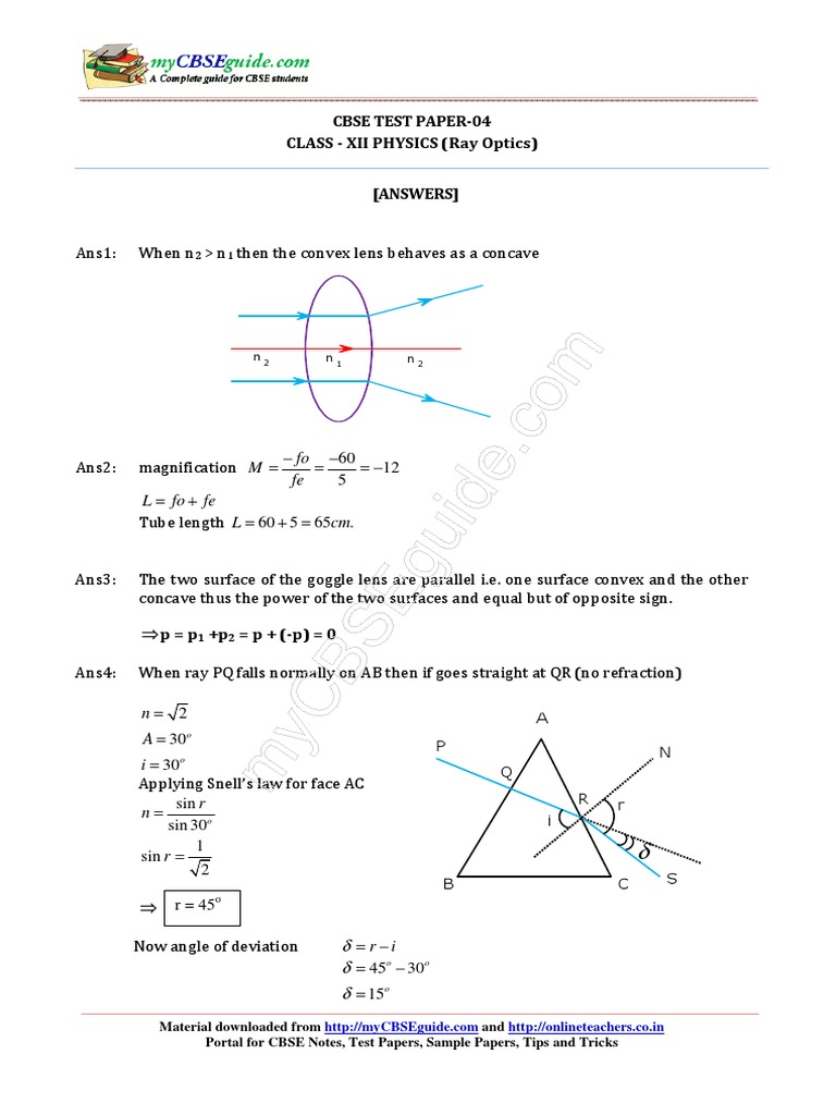 CBSE Class 12 Physics Ray Optics Test Paper | PDF