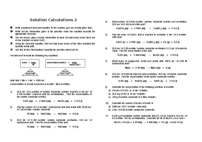 Chemistry Solution Calculations Guide | PDF | Teaching Methods ...