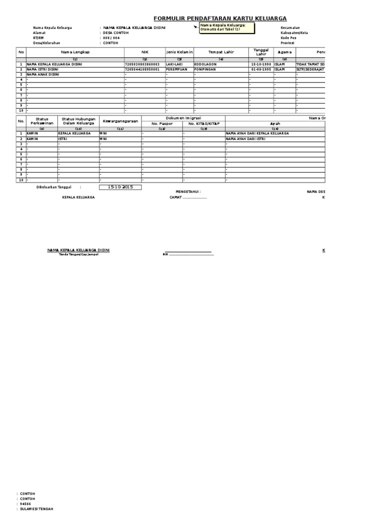 Formulir Pendaftaran Kartu Keluarga Excel Mpfdocuments Website Indonesia