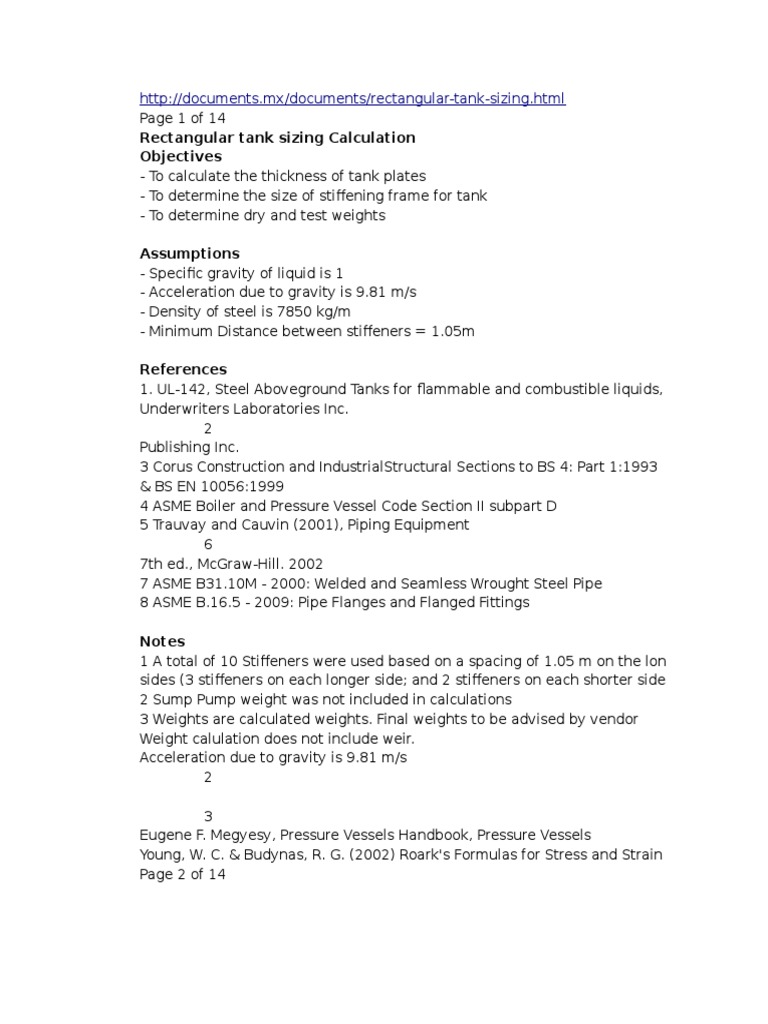 Rectangular Tank Calculation Pipe Fluid Conveyance Stress Mechanics