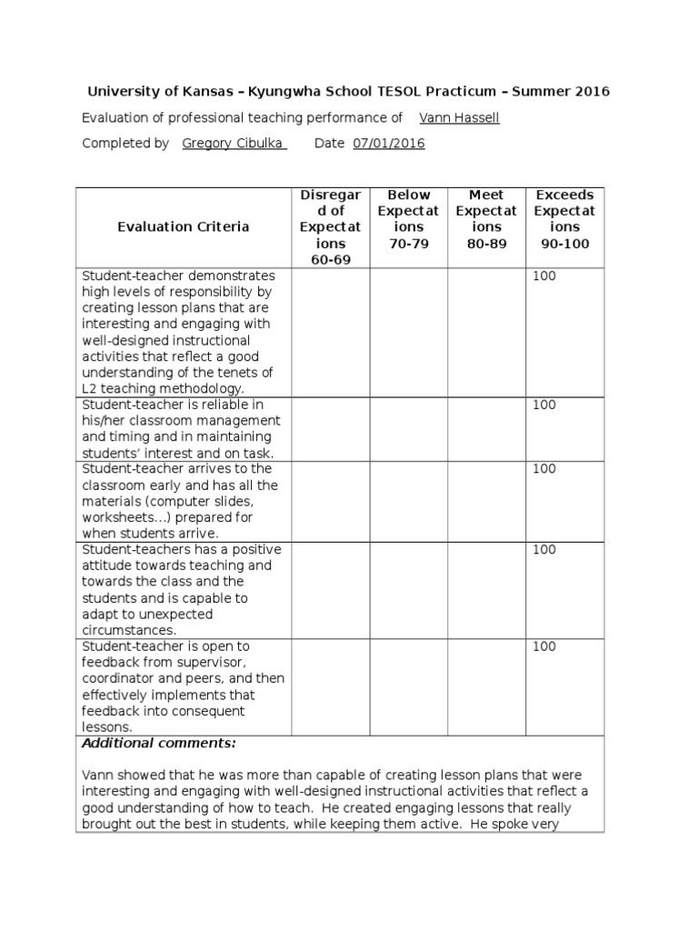TESOL Practicum Evaluation: Vann Hassell | PDF | Career & Growth