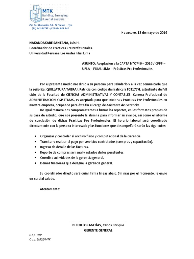 Carta De Aceptacion Para Practicas Profesionales Pdf