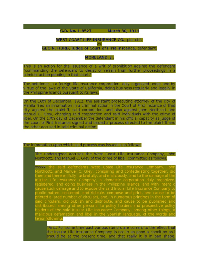 West Coast Life Insurance Co. v. Hurd, 1914 | Defamation | Complaint
