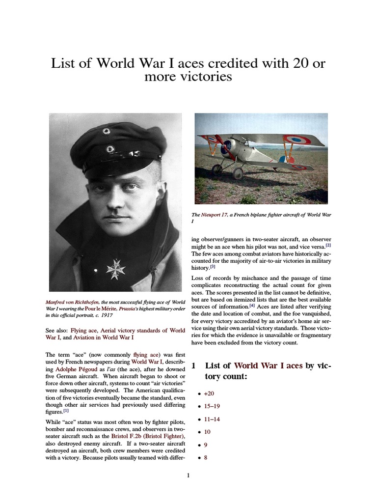 0 WW1 Aces List of World War I Aces Credited With 20 or More