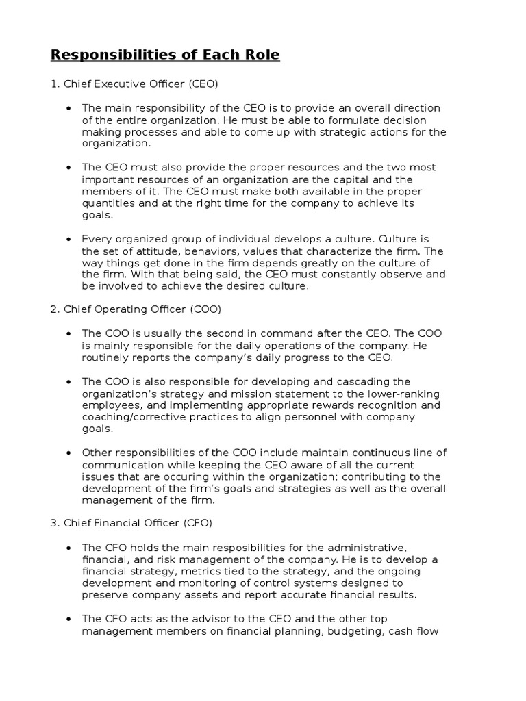 Executive Roles and Responsibilities | PDF | Chief Executive Officer ...