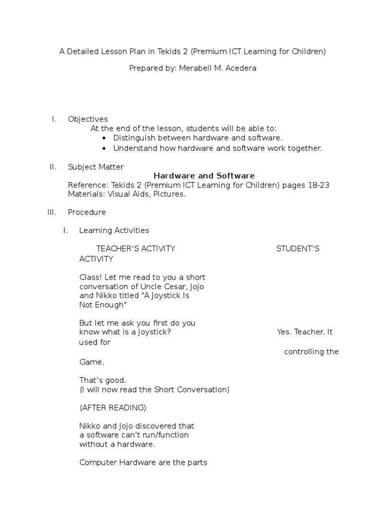 A Detailed Lesson Plan in Tekids 2 Software Computer Hardware