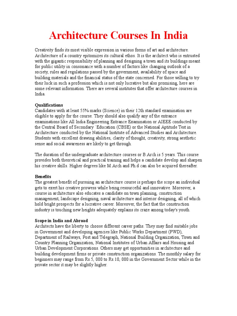 Architecture Courses in India Qualifications PDF Test (Assessment