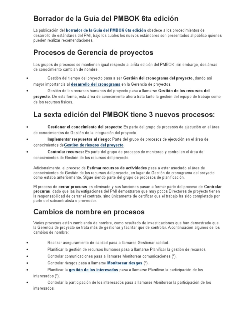 Borrador de La Guía Del PMBOK 6ta Edición | PDF | Planificación ...