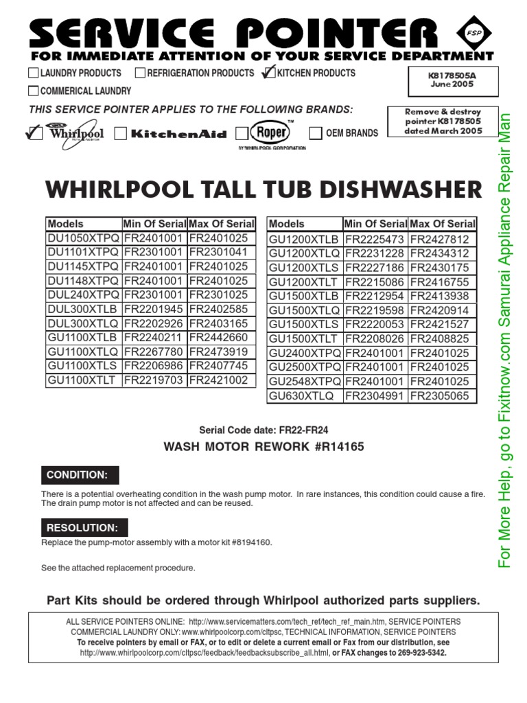 Whirlpool Dishwasher MotorPump Assembly Replacement PDF Dishwasher