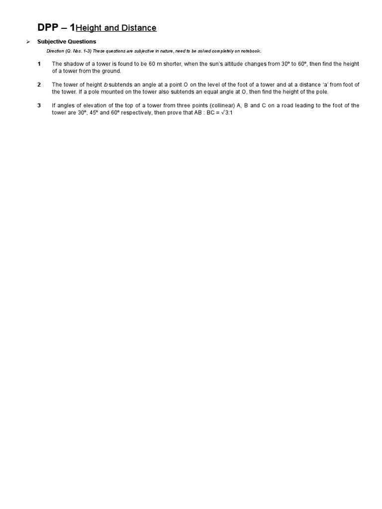 Height and Distance: Subjective Questions | PDF