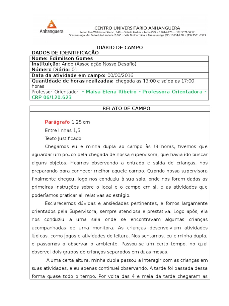 2016 Modelo Diário de Campo Tempo