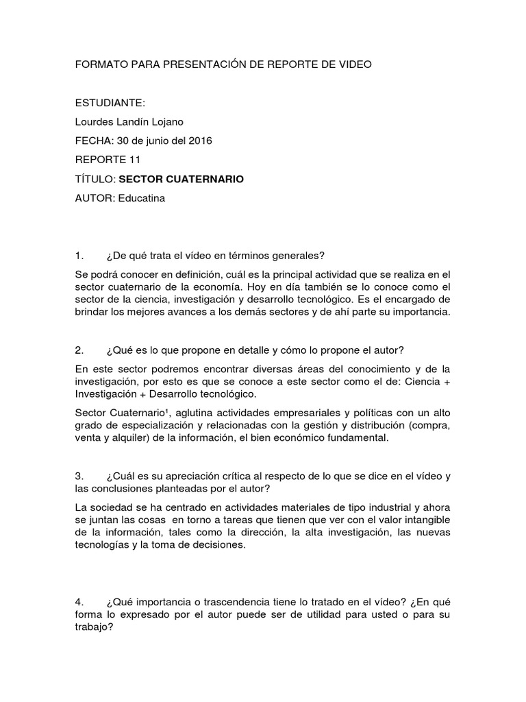 Formato para Presentación de Reporte de Video 11 PDF | PDF | Sector  terciario de la economía | Ciencias económicas