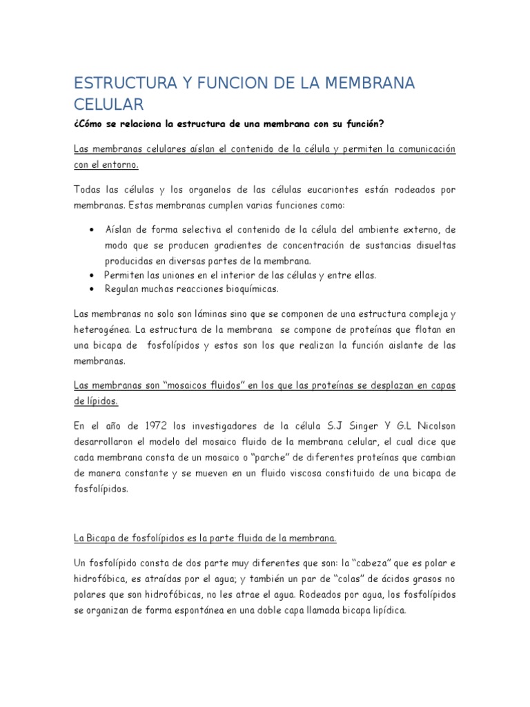 Estructura y Funcion de La Membrana Celular | PDF | Bicapa lipídica ...