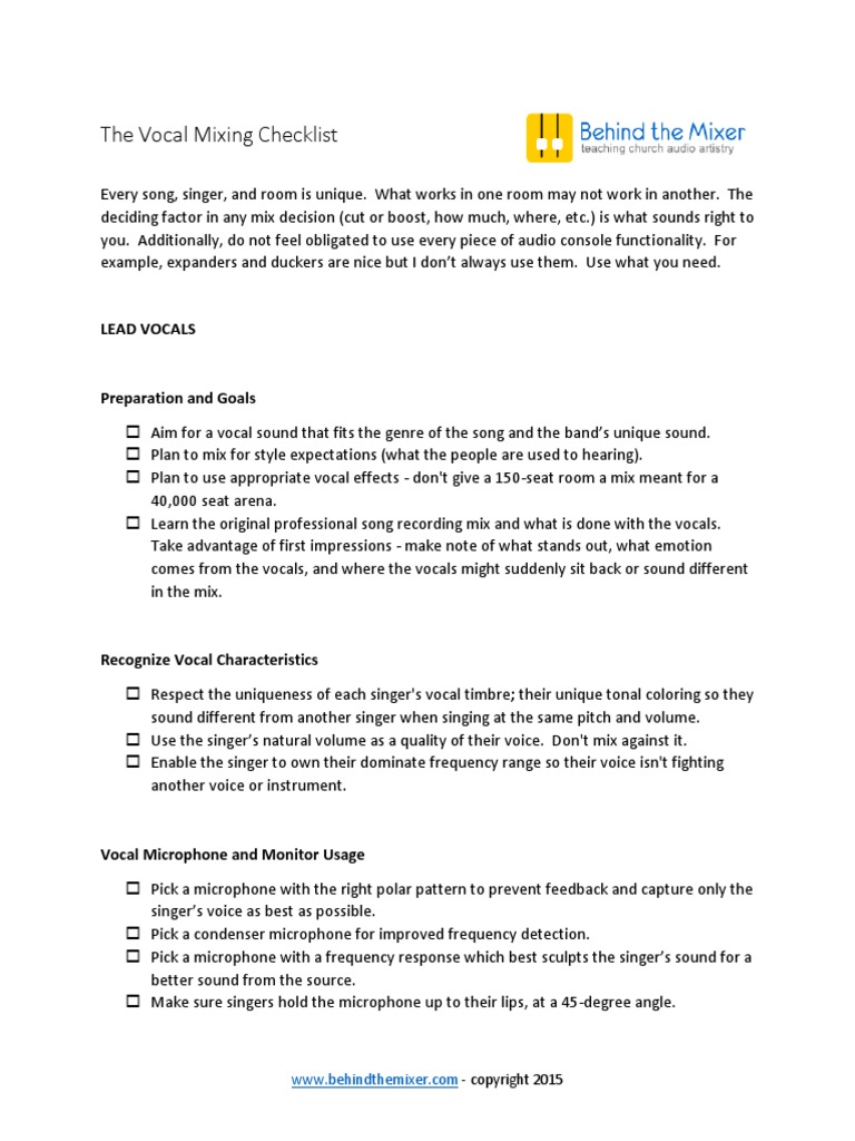 Vocal Mixing Checklist PDF Singing Microphone