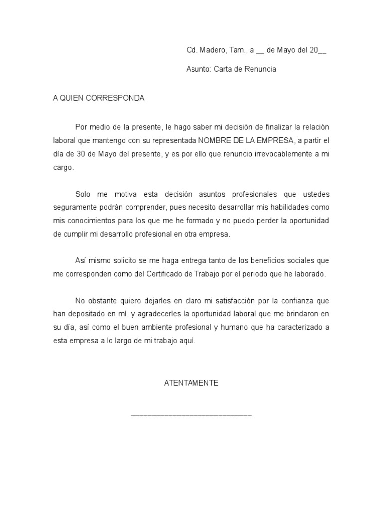Carta RENUNCIA VOLUNTARIA