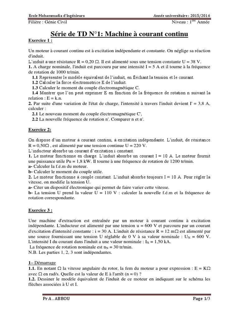 Machine a courant continu exercices corrigés pdf