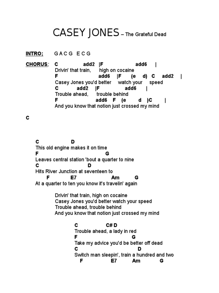 Casey Jones Lyrics & Chords PDF