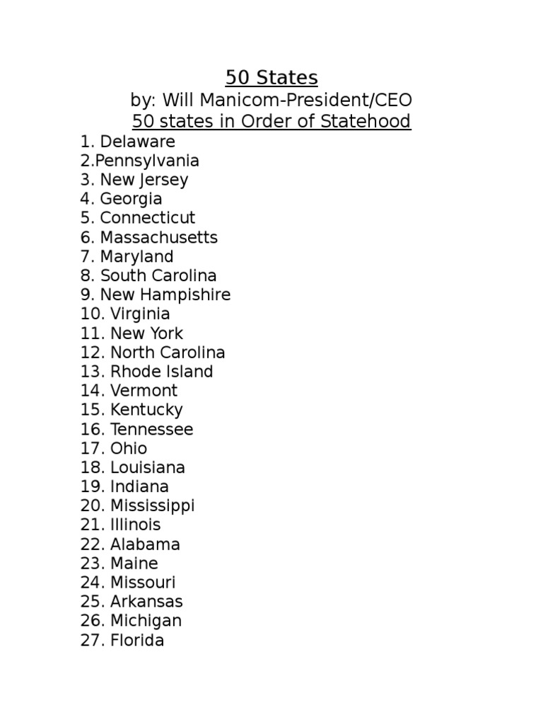 50 States: By: Will Manicom-President/CEO 50 States in Order of ...