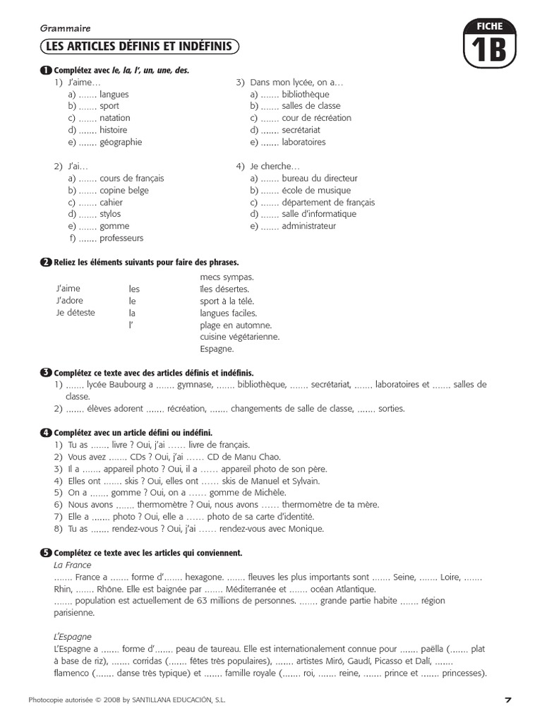 Les Articles Définis Et Indéfinis Exercices Corrigés Pdf