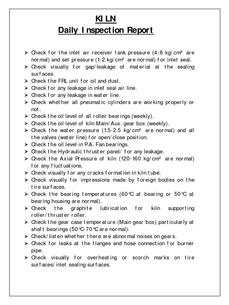 Daily Rotary Kiln Inspection Checklist | PDF