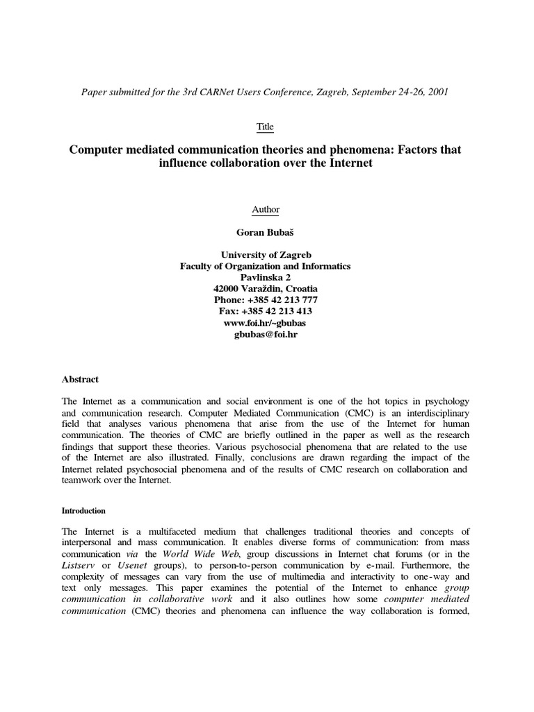 Internet Collaboration and CMC Theories | PDF | Computer Mediated ...